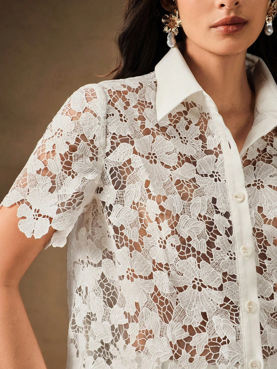 CM-TS613219 Women Elegant Seoul Style Sheer Embroidery Hollow Floral Polo Collar Open Front Blouse - White