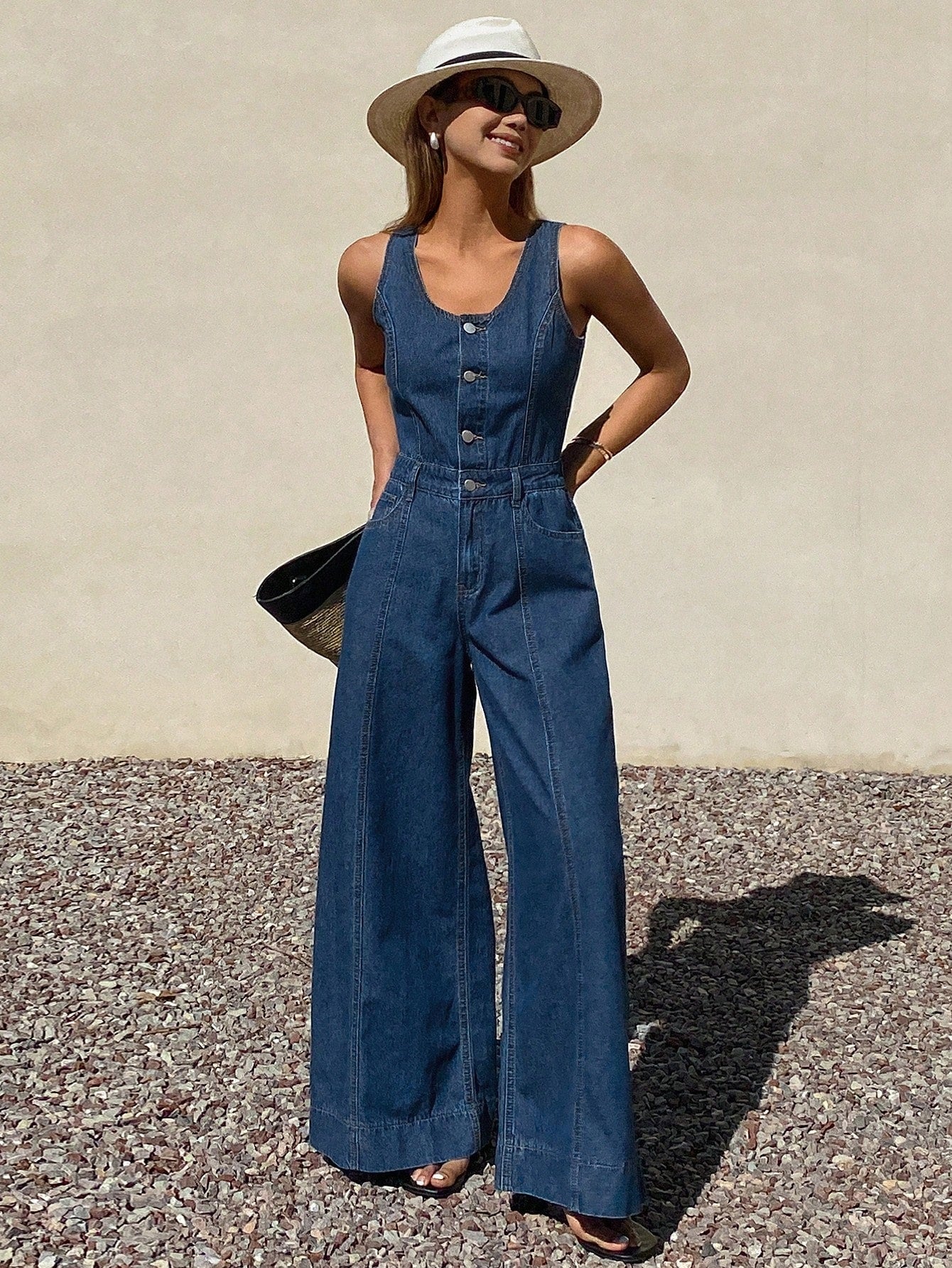 CM-JS194919 Women Elegant Seoul Style Medium Wash Sleeveless Adjustable Strap Loose Straight Leg Denim Jumpsuit