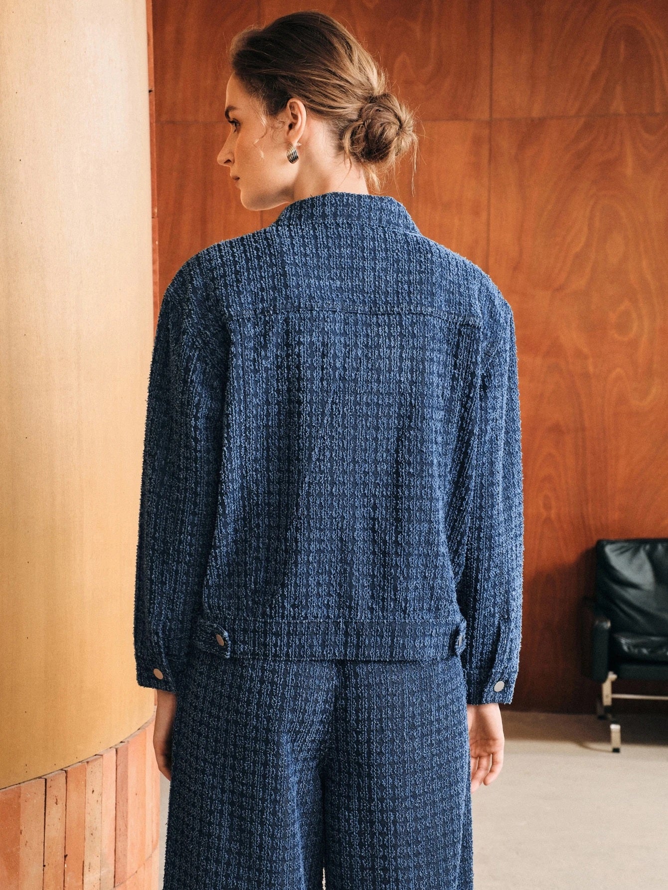 CM-CS340330 Women Elegant Seoul Style Collar Neckline Long Sleeve Single-Breasted Loose Denim Jacket - Navy Blue
