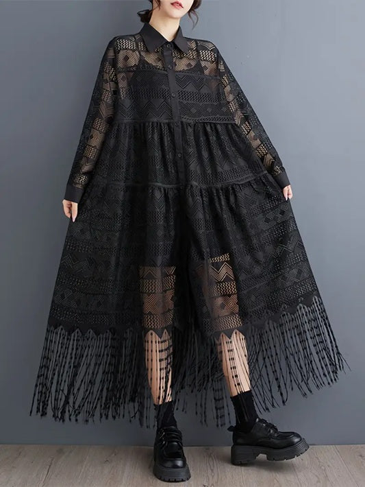 CM-DT294481 Women Casual Seoul Style Lapel Neckline See-Through Hollow Tassel Long Dress - Black