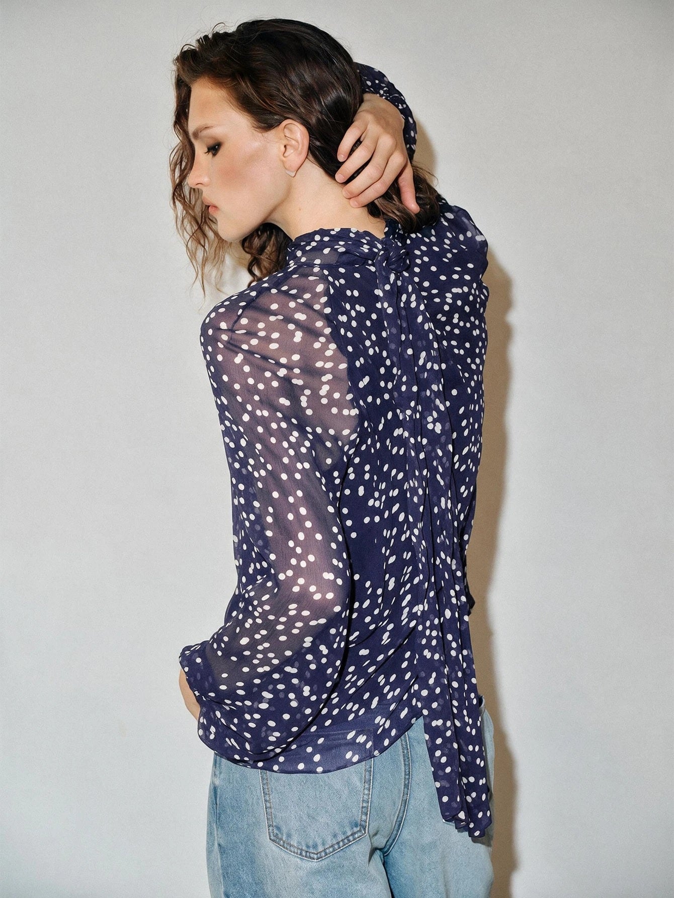 CM-TS293087 Women Elegant Seoul Style Bow Tie Long Sleeve Polka Dot Chiffon Loose Fit Blouse - Navy Blue