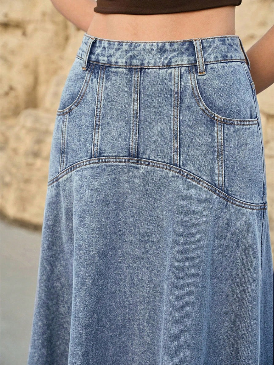 CM-BS315257 Women Casual Seoul Style Medium Wash Mid Waist Slant Pocket A-Line Long Denim Skirt