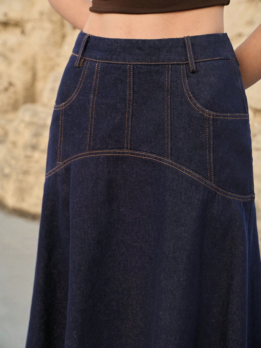 CM-BS331725 Women Casual Seoul Style Mid Waist Slant Pocket A-Line Long Denim Skirt - Navy Blue