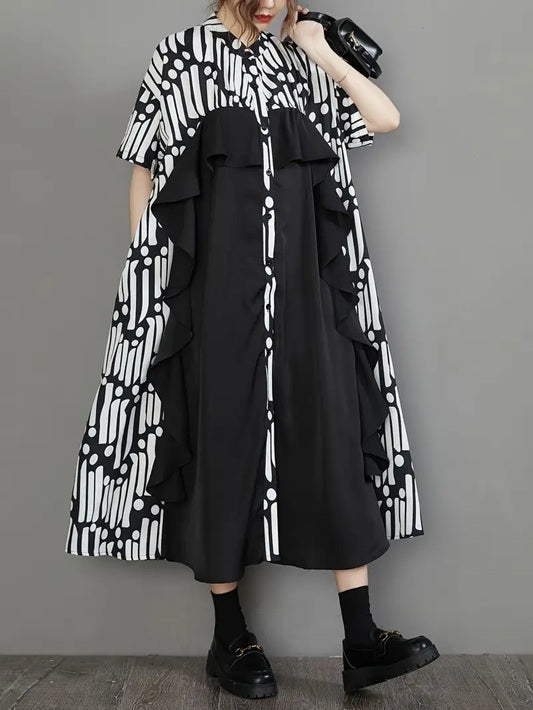 CM-DT232374 Women Casual Seoul Style Stand Collar Short Sleeve Ruffle Trim Color Block Loose Fit Dress