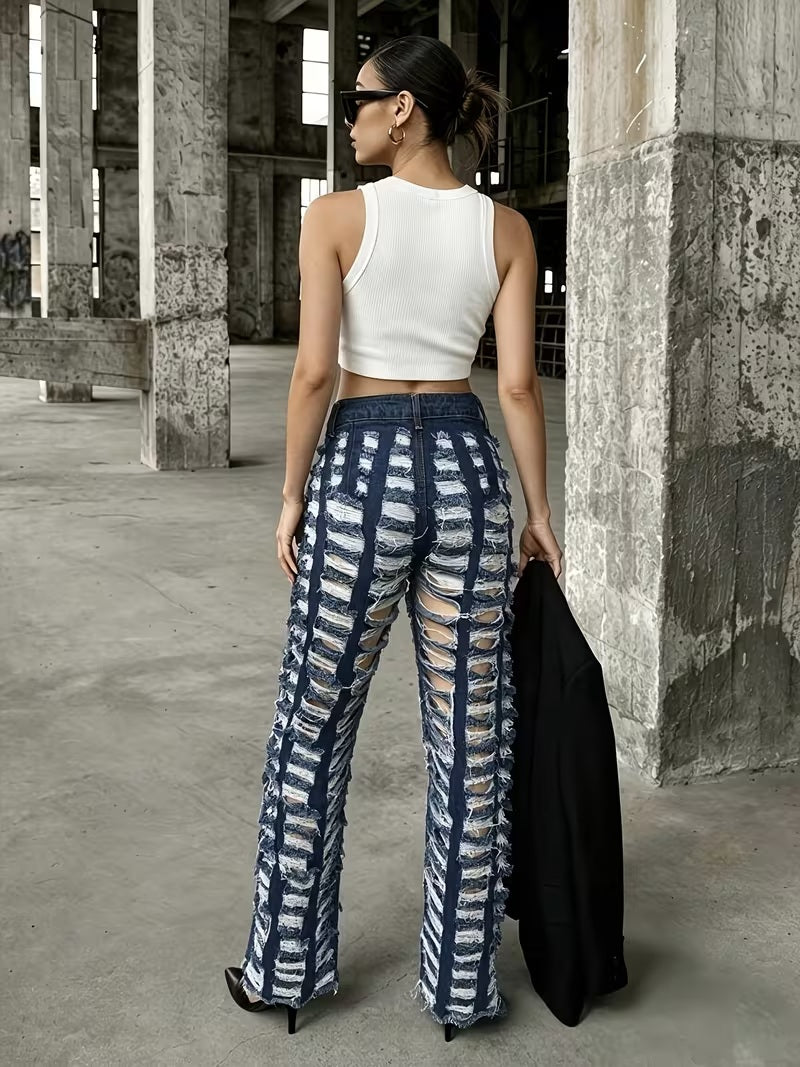 CM-BT160419 Women Casual Seoul Style Hollow-Out Street-Style Distressed Denim Jeans - Deep Blue