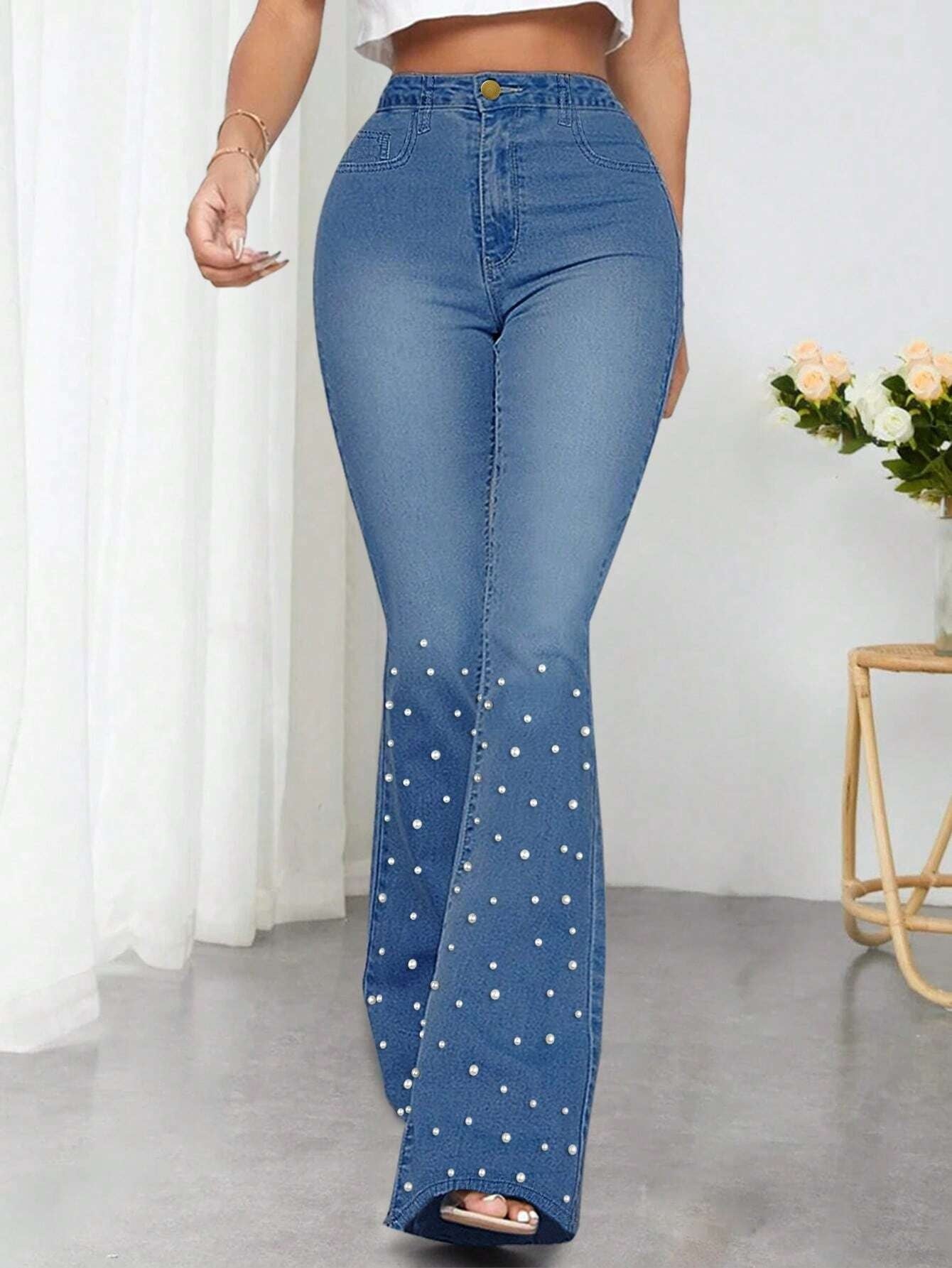 CM-BS923313 Women Preppy Seoul Style Medium Wash Pearls Beaded Flare Leg Jeans