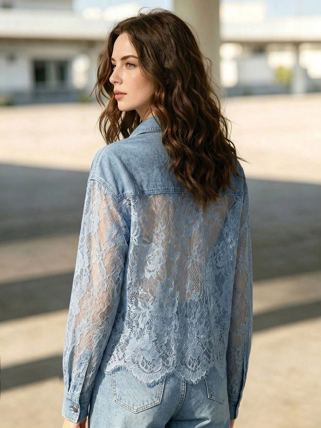 CM-TS847731 Women Elegant Seoul Style Shirt Collar Long Sleeve Lace Patchwork Asymmetrical Denim Short Top - Blue