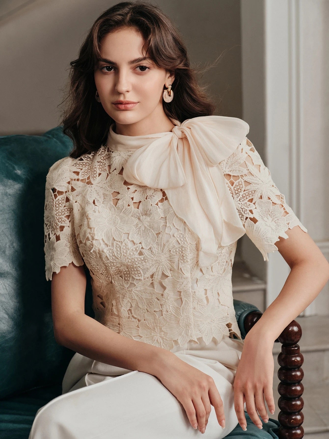 CM-TS163047 Women Elegant Seoul Style Tie Neck Puff Sleeve Hollow Lace Bowknot Blouse - Apricot