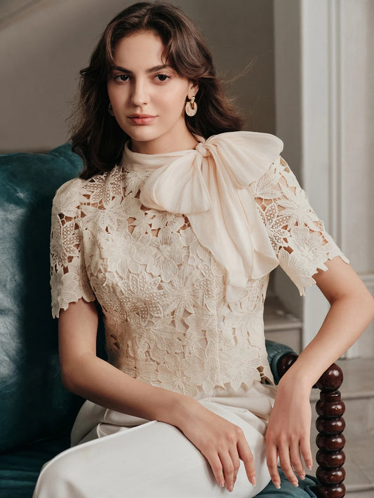 CM-TS163047 Women Elegant Seoul Style Tie Neck Puff Sleeve Hollow Lace Bowknot Blouse - Apricot
