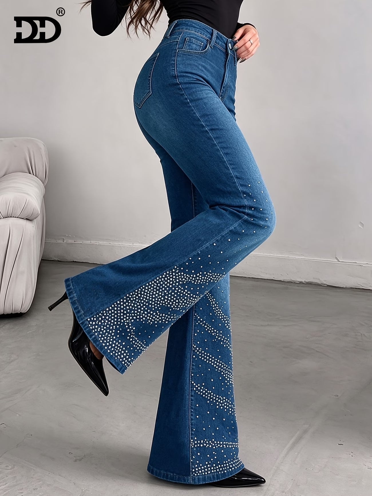 CM-BT960384 Women Casual Seoul Style Medium Wash Rhinestone-Embellished Flared Jeans