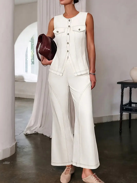 CM-ST506492 Women Elegant Seoul Style Solid Color Front Button Sleeveless Top With Flared Pants - Set