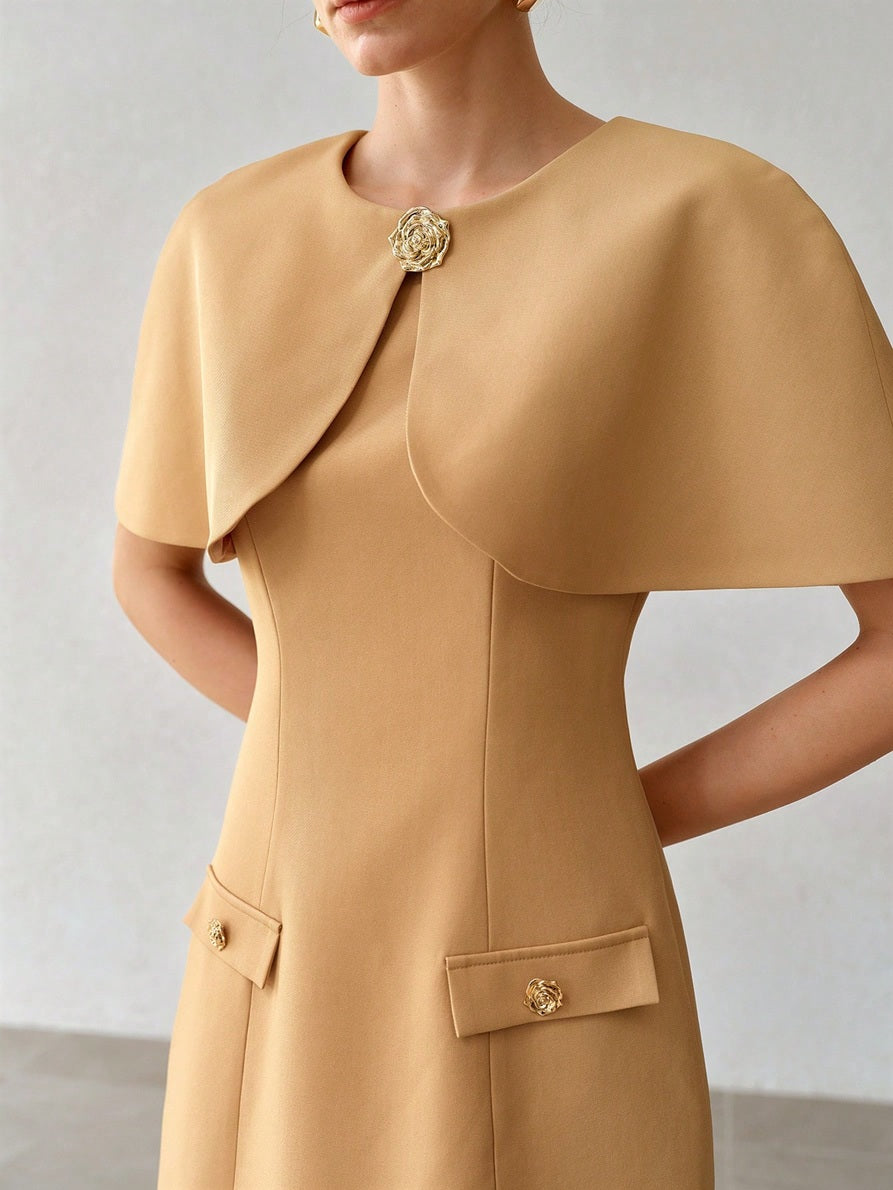 CM-DS729120 Women Elegant Seoul Style Round Neck Cloak Sleeve Metal Rose Buckle Shawl Mini Dress - Khaki