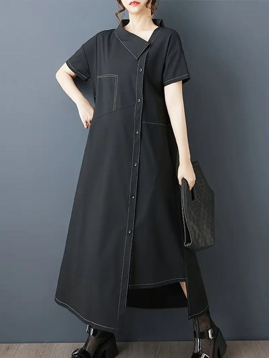 CM-DT599919 Women Elegant Seoul Style Asymmetrical Hem Long Sleeve Loose Fit Shirt Dress - Black