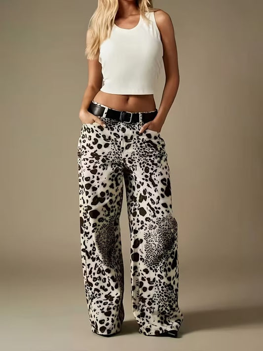 CM-BT730509 Women Casual Seoul Style Mid Waist Printed Design Washed Straight Leg Denim Pants