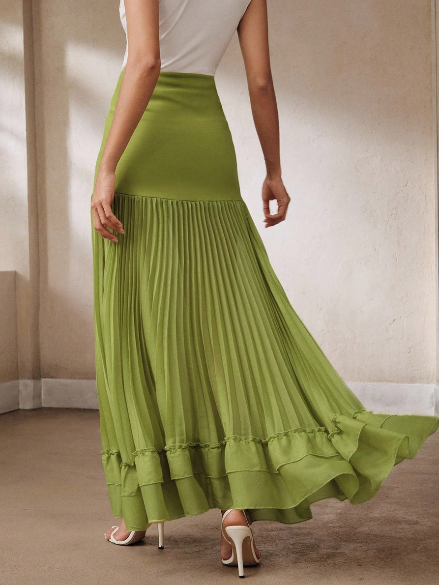 CM-BS352823 Women Elegant Seoul Style Mid-Waist Knitted Bodycon Pleated Fishtail Hem Skirt - Green