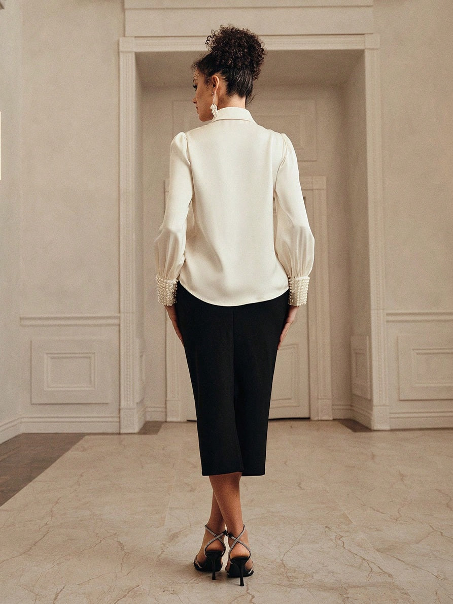 CM-SS749773 Women Elegant Seoul Style Bow Puff Sleeve Satin Blouse With Knit Bodycon Skirt - Set