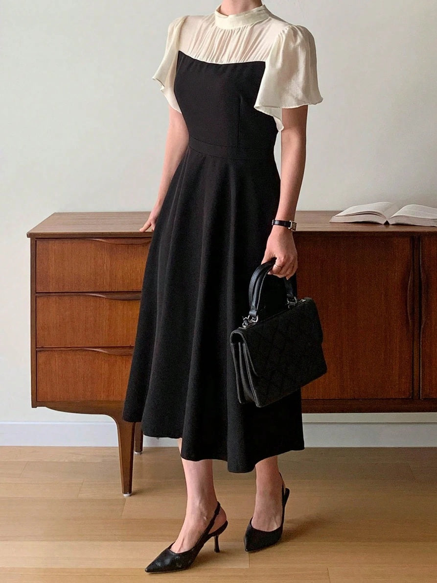 CM-DS116914 Women Elegant Seoul Style Stand Collar Puff Sleeve Patchwork Contrast Color Waist-Cinched Midi Dress