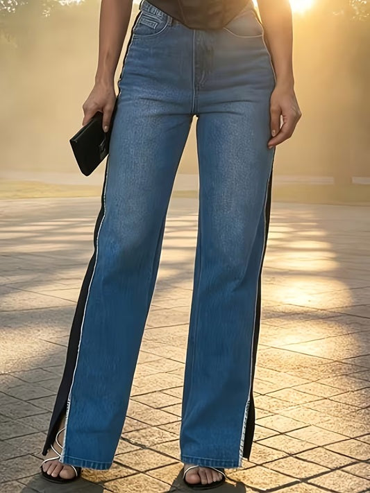 CM-BT555554 Women Casual Seoul Style Patchwork Frayed Hem Slit Ankle Straight-Leg Denim Pants
