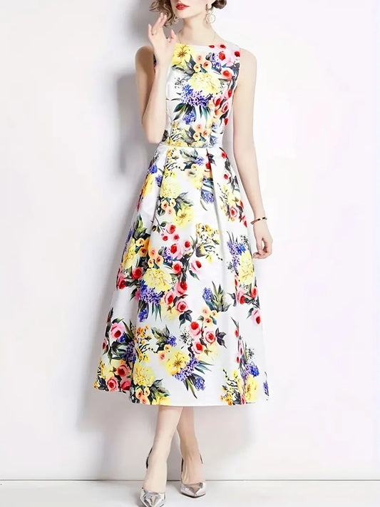 CM-DT835868 Women Elegant Seoul Style Floral Print Crew Neck Sleeveless Midi Dress