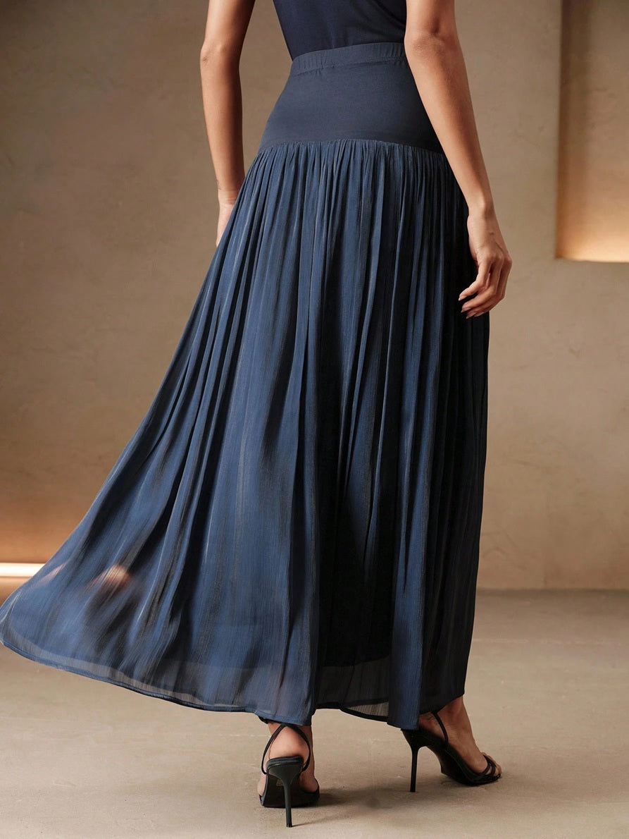 CM-BS089531 Women Elegant Seoul Style High Waist Patchwork Pleated A-Line Long Skirt - Navy Blue