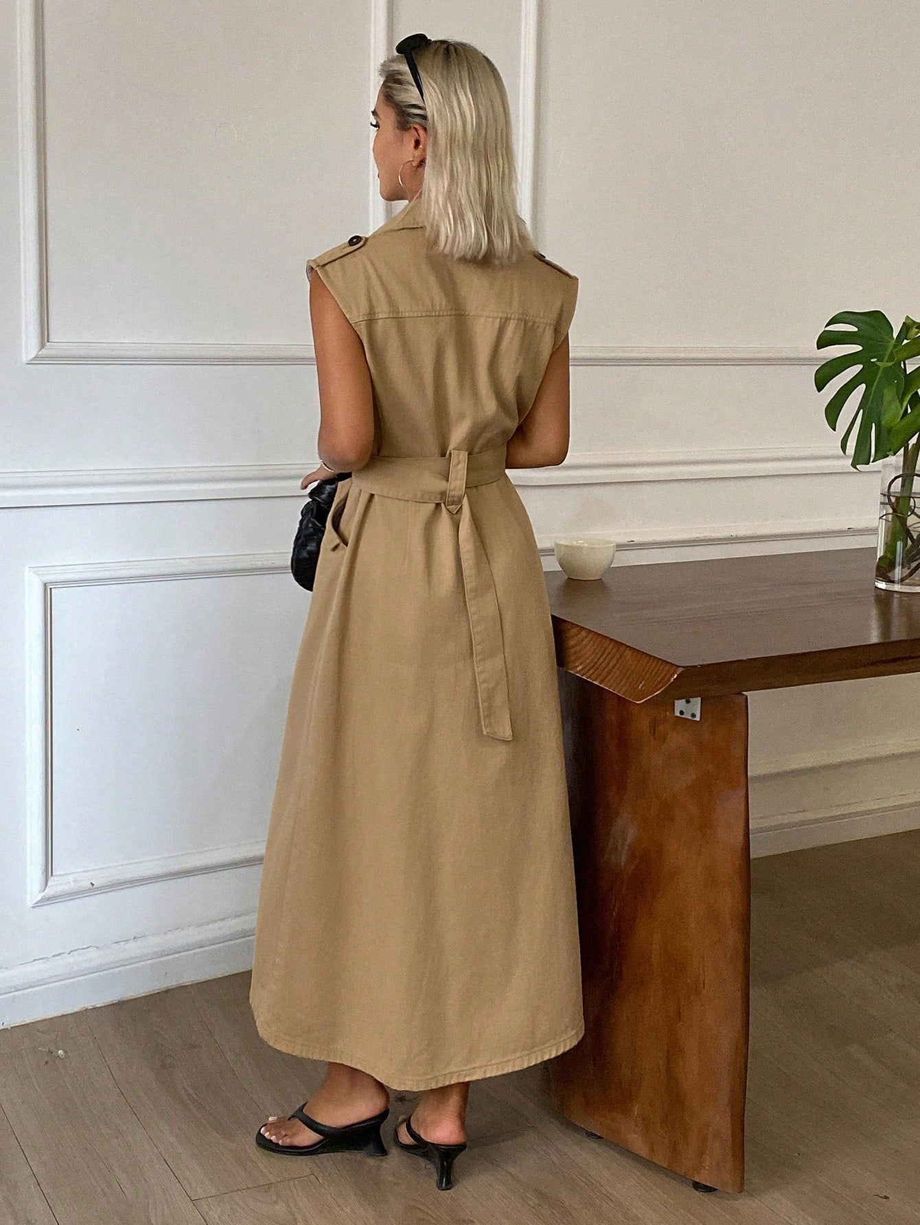 CM-DS808947 Women Casual Seoul Style Lapel Collar Double-Breasted Sleeveless Cinched Waist Denim Dress - Khaki