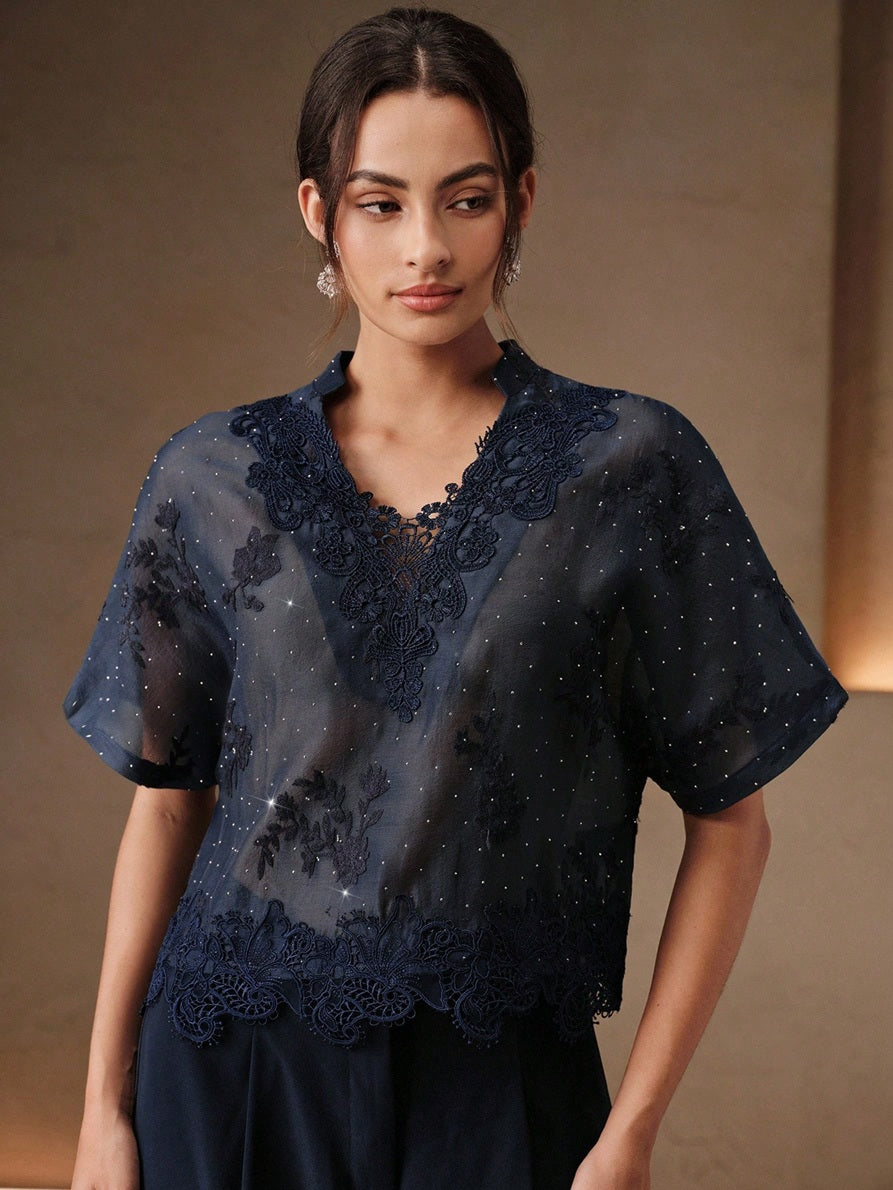 CM-TS225231 Women Elegant Seoul Style V-Neck Short Sleeve Mesh Rhinestone Lace Patchwork Blouse - Navy Blue
