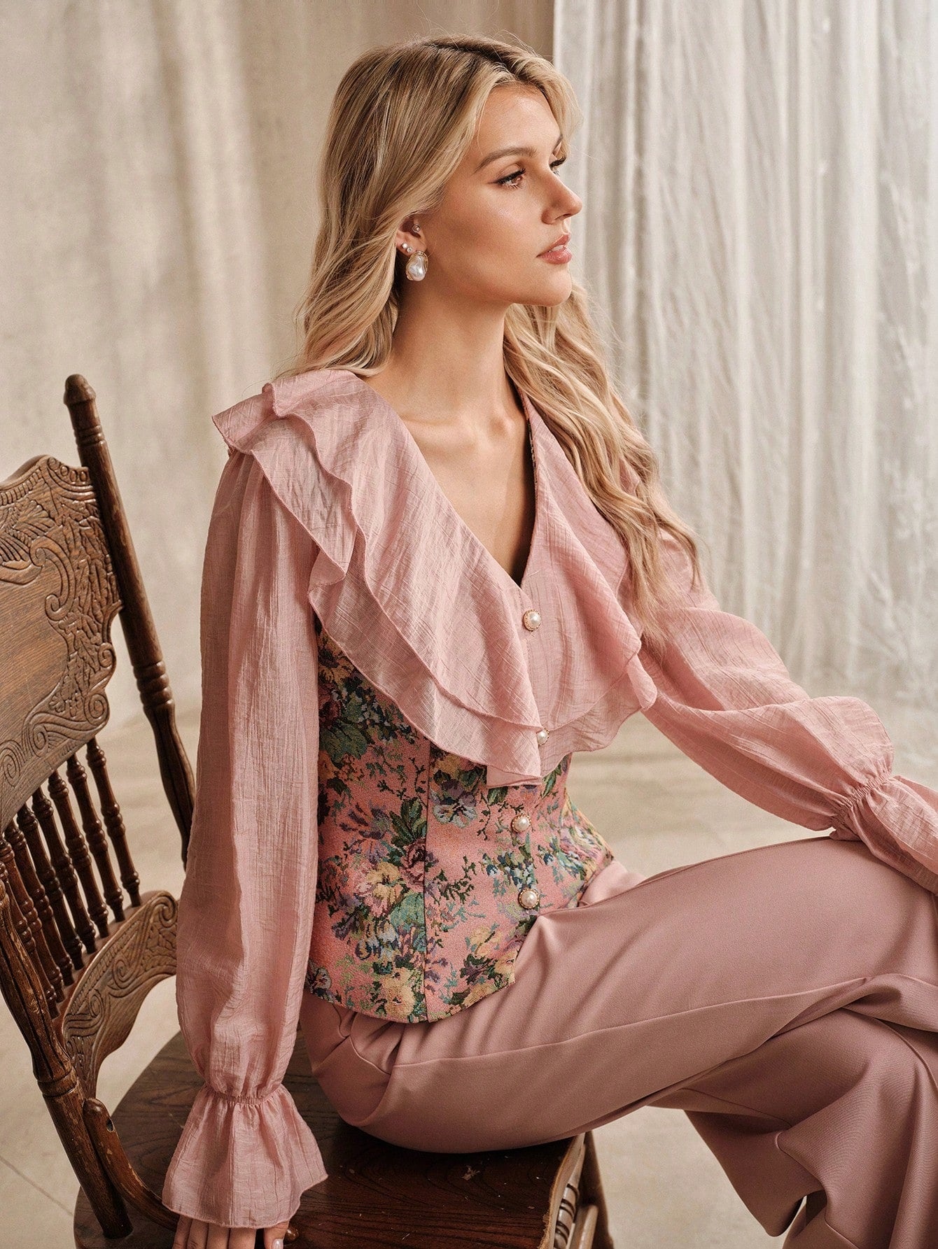 CM-TS258519 Women Elegant Seoul Style Flounce Collar Extra Long Sleeve Ruffle Blouse - Pink