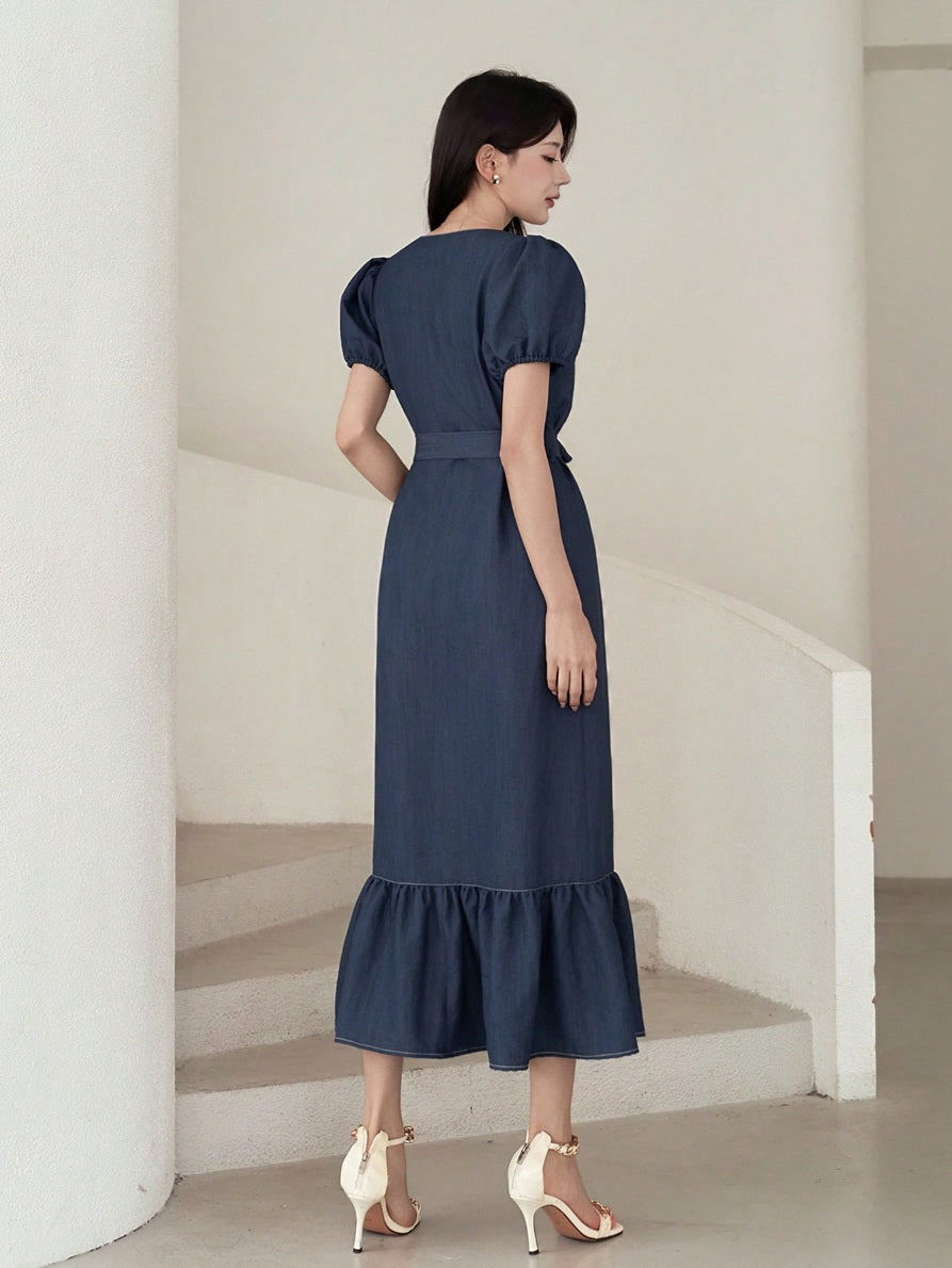 CM-DS294695 Women Casual Seoul Style V-Neck Puff Sleeve Ruffle Hem Cinched Waist Long Dress - Blue
