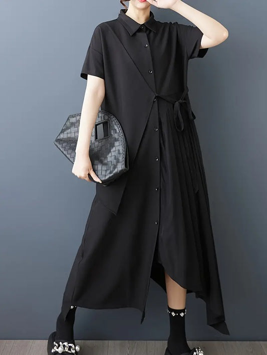 CM-DT849368 Women Elegant Seoul Style Collar Neckline Short Sleeve Asymmetricla Maxi Dress - Black