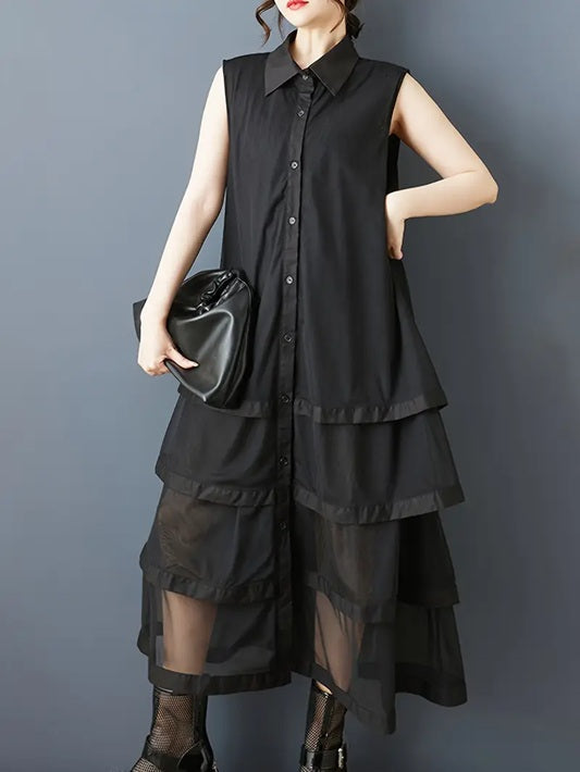 CM-DT033674 Women Casual Seoul Style Collar Neckline Button Front Sleeveless A-Line Shirt Dress - Black