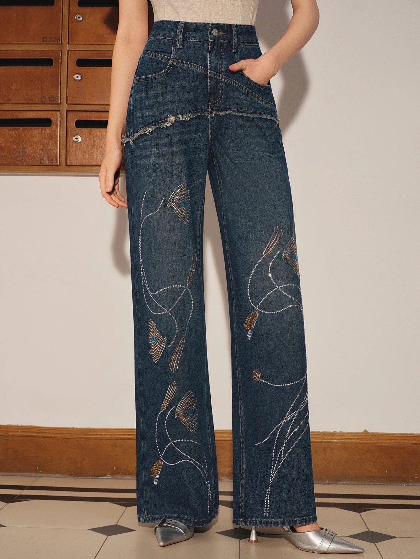 CM-BS615053 Women Casual Seoul Style Mid Waist Rhinestone Embellished Straight Leg Loose Denim Jeans - Blue