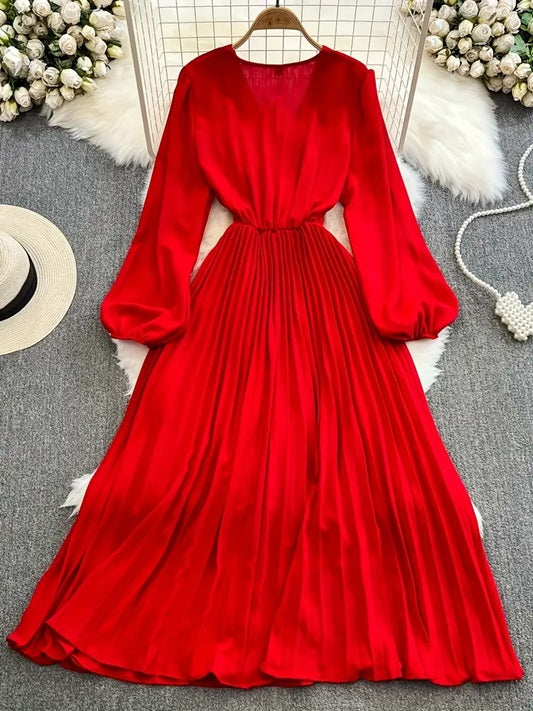 CM-DT212875 Women Elegant Seoul Style Deep V-Neck Long Sleeve Flowy Belted Maxi Dress - Red