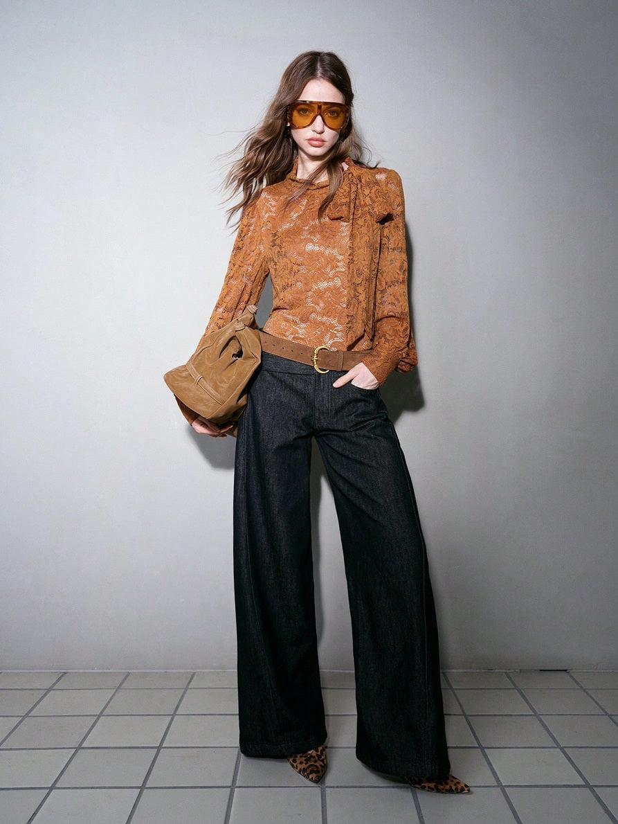CM-TS022052 Women Elegant Seoul Style Lace Tie Neck Stand Collar Long Sleeve Blouse - Khaki
