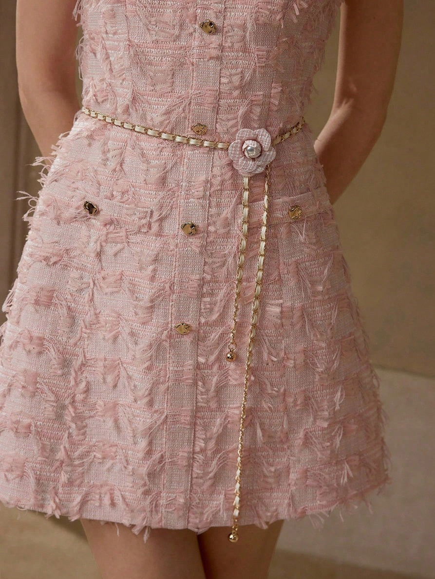 CM-DS077193 Women Elegant Seoul Style Round Neck Sleeveless Tweed Button Up Short Dress - Pink