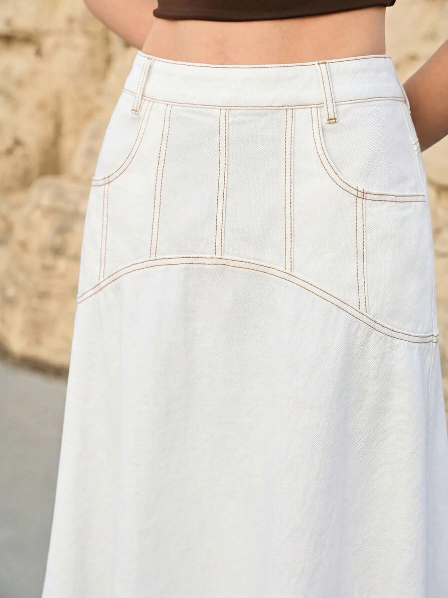 CM-BS304200 Women Casual Seoul Style Mid Waist Slant Pocket A-Line Long Denim Skirt - White
