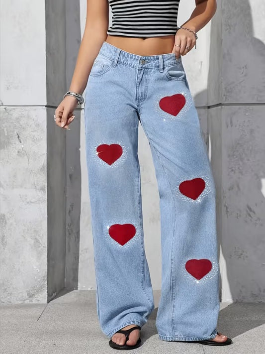 CM-BT000755 Women Casual Seoul Style Mid Waist Embroidered 3D Plush Heart Rhinestone Decor Wide-Leg Jeans