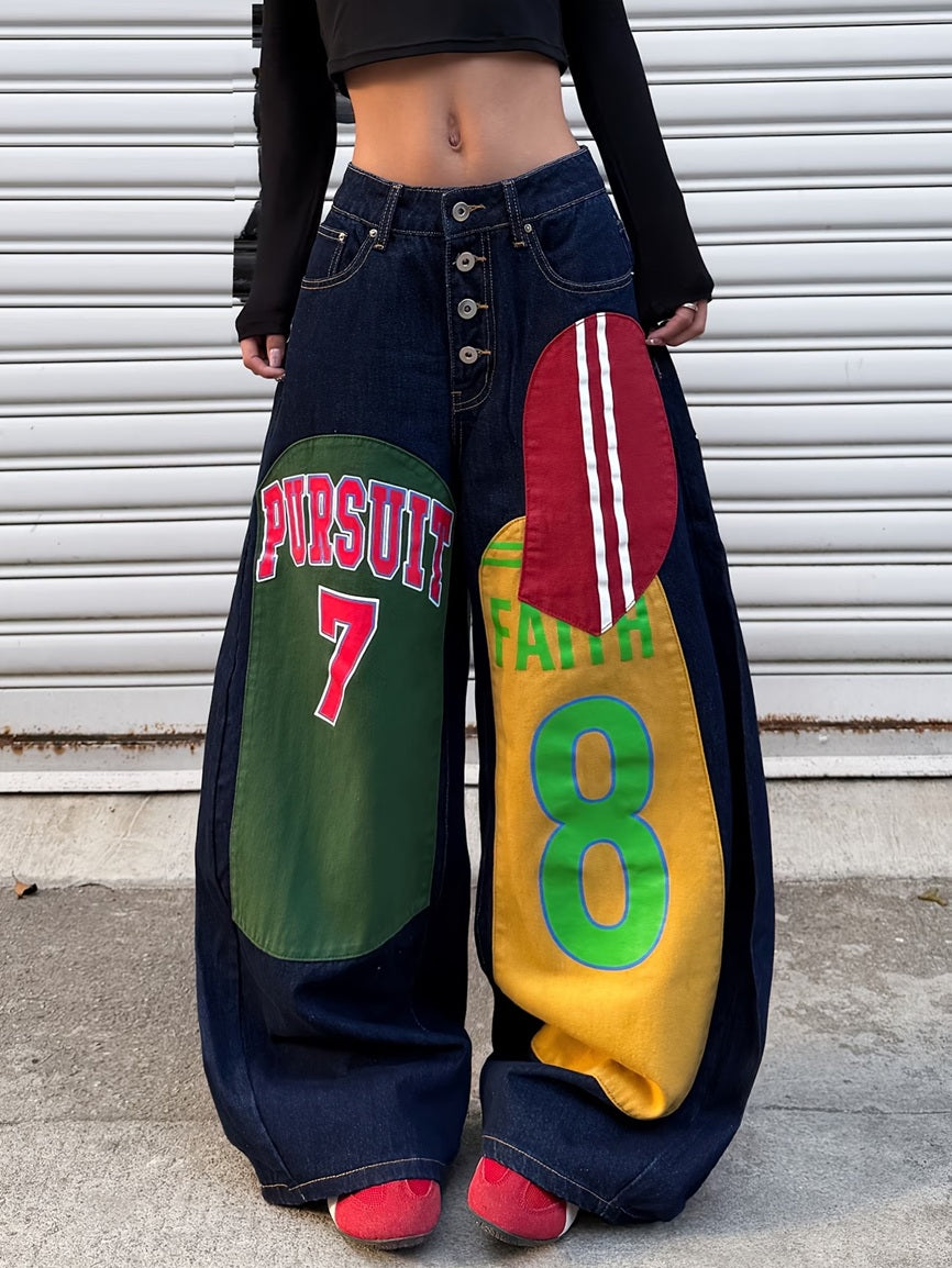 CM-BT608328 Women Casual Seoul Style Multi-Color Contrast Patchwork Letter And Number Cartoon Print Design Jeans