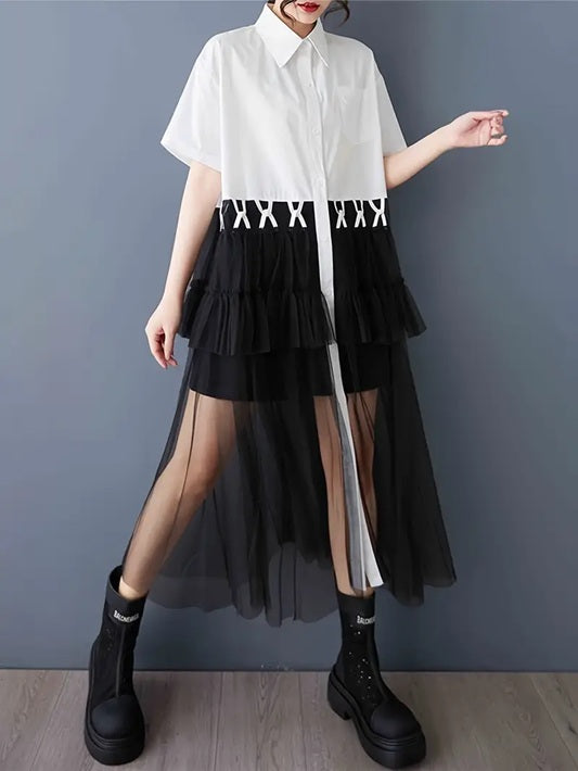 CM-DT892675 Women Casual Seoul Style Colorblock Collar Neckline Short Sleeve Mesh Shirt Dress