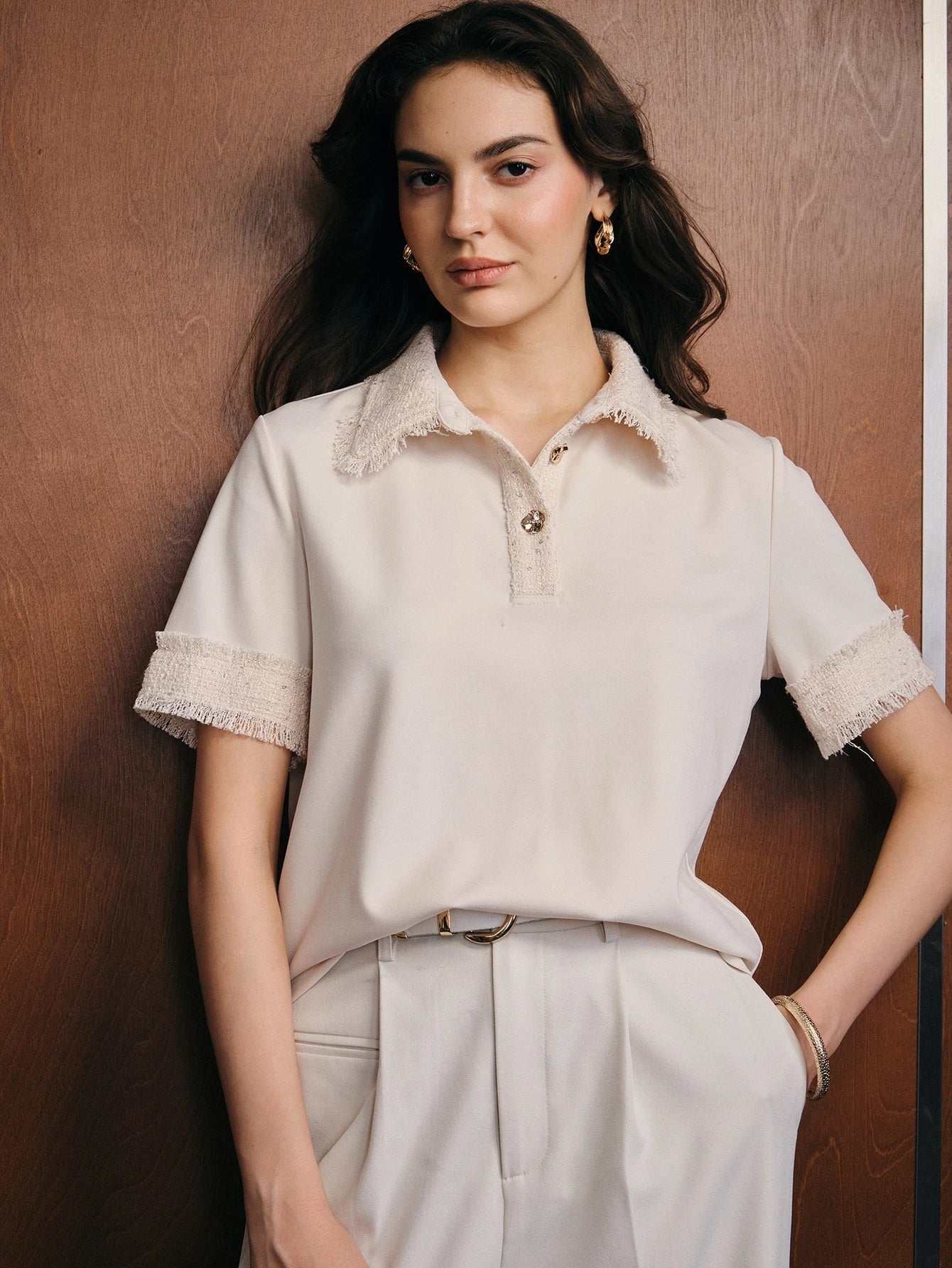 CM-TS014476 Women Elegant Seoul Style Patchwork Tweed Fringe Rhinestone Button Polo Shirt - Apricot