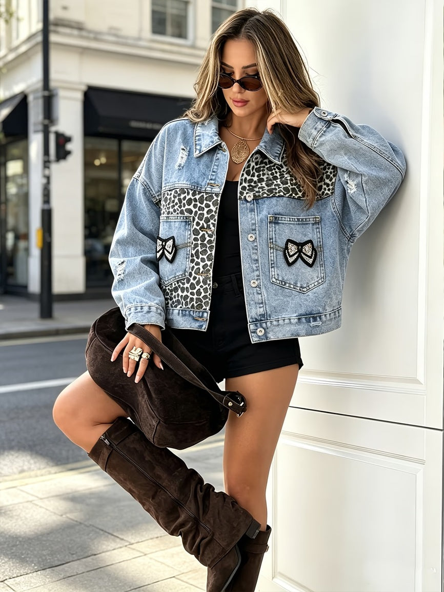 CM-CT613229 Women Casual Seoul Style Collar Neckline Patchwork Leopard Print Denim Jacket - Light Blue