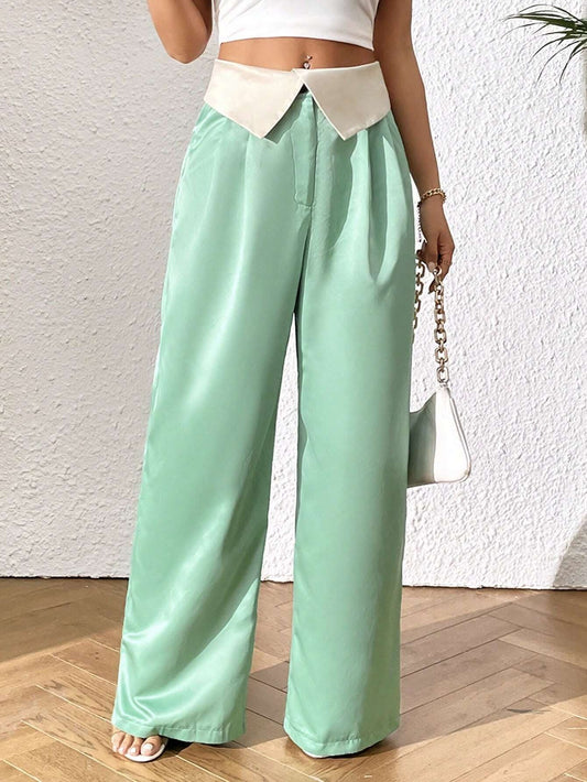 CM-BS322229 Women Elegant Seoul Style Fold Pleated Detail Wide Leg Pants - Green