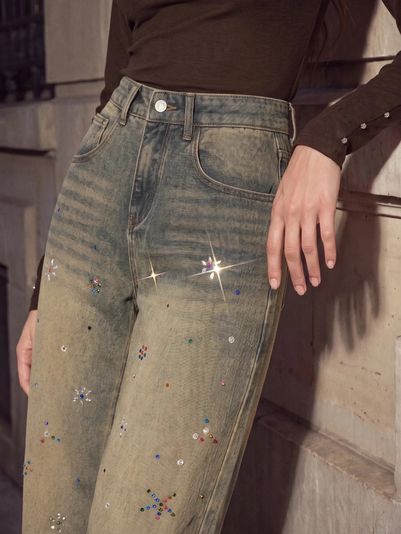 CM-BS038041 Women Casual Seoul Style Mid Waist Rhinestones Decor Wide Leg Denim Jeans - Blue