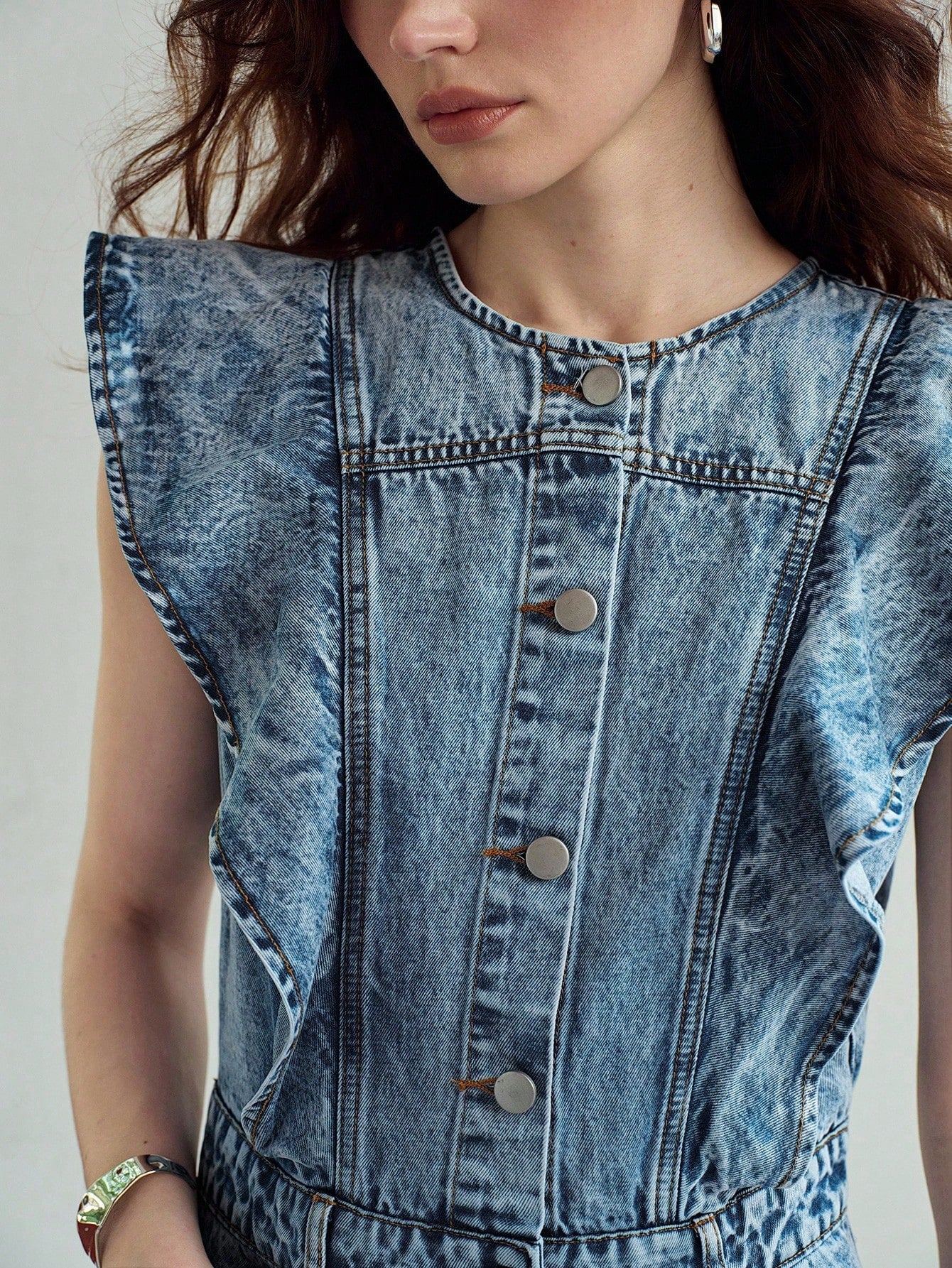 CM-DS145343 Women Elegant Seoul Style Round Neck Sleeveless Ruffle Trim Mid-Length Denim Dress - Blue