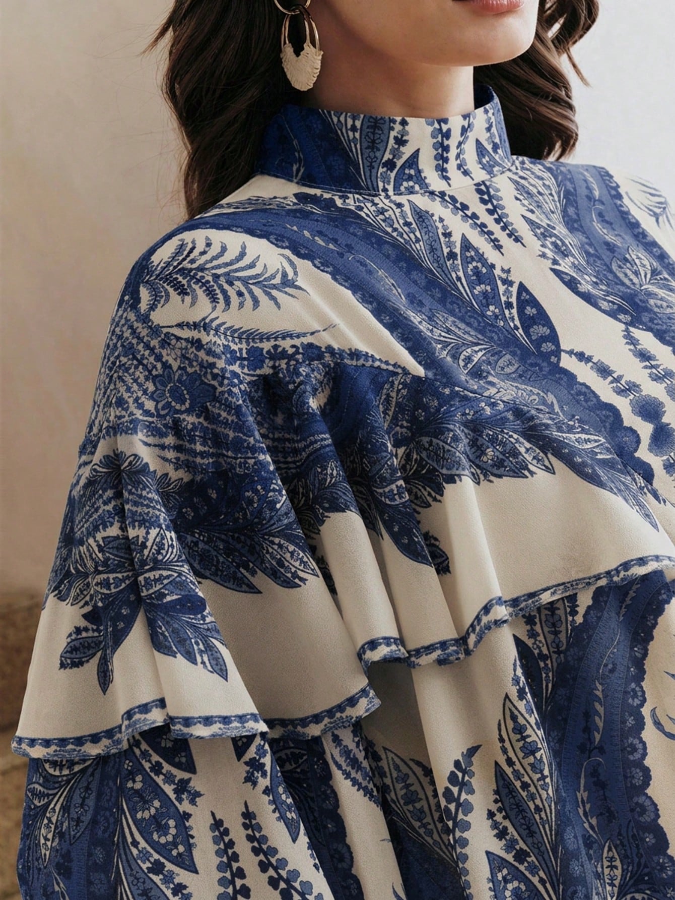 CM-TS393590 Women Trendy Bohemian Style Mock Necl Long Sleeve Plants Print Loose Blouse - Blue