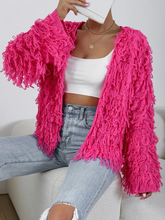 CM-CS366971 Women Casual Seoul Style Long Sleeve Shaggy Knit Duster Cardigan - Hot Pink