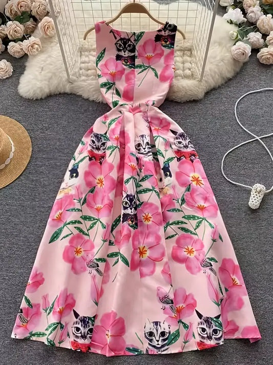 CM-DT690653 Women Elegant Seoul Style Floral Print Round Neck Sleeveless High Waist A-Line Dress - Pink