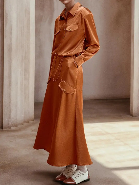 CM-ST351276 Women Elegant Seoul Style Solid Color Front Button Long Sleeve Drawstring Top With Maxi Skirt - Set