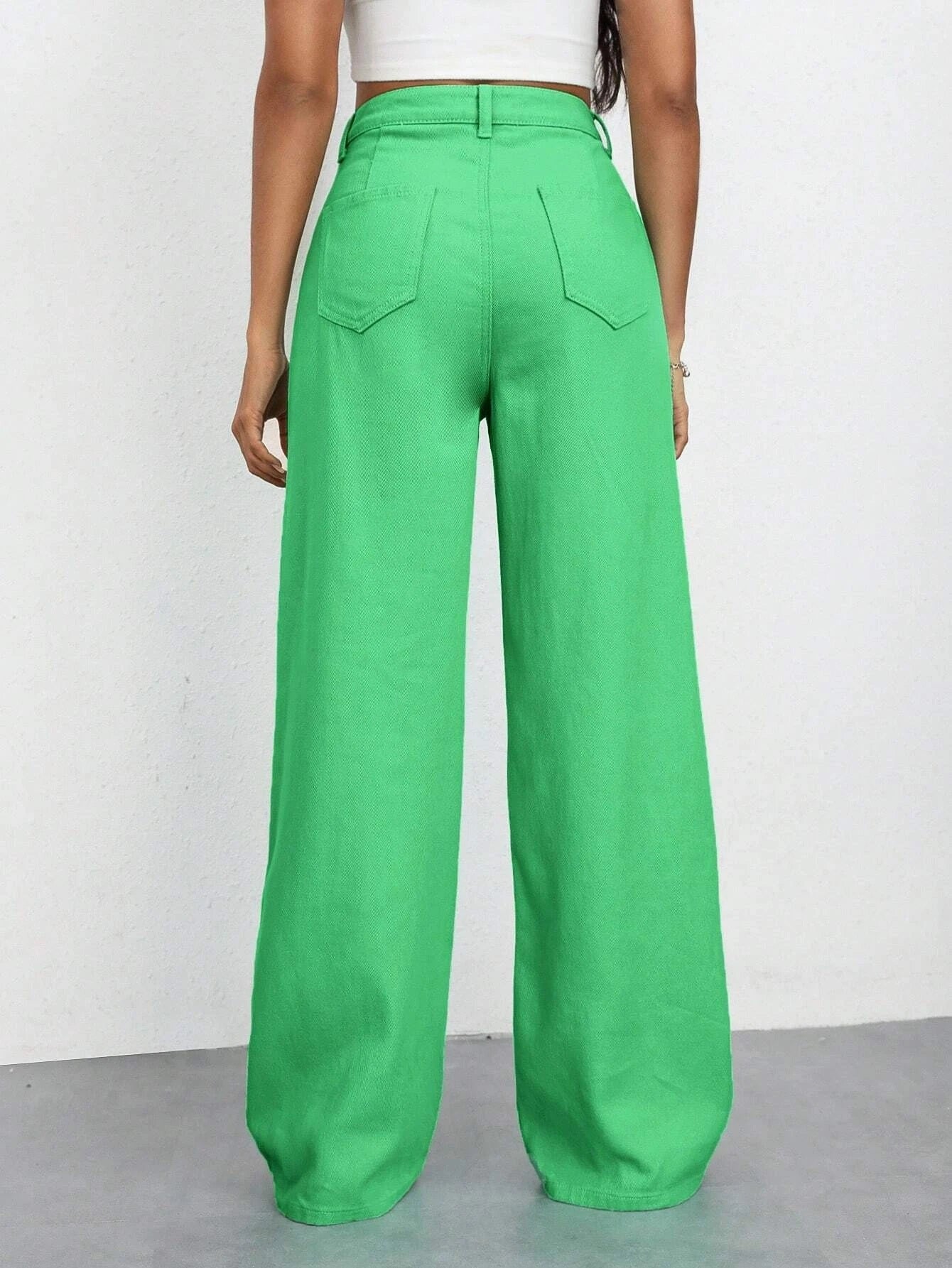 CM-BS663477 Women Casual Seoul Style High Waist Solid Wide Leg Jeans - Green