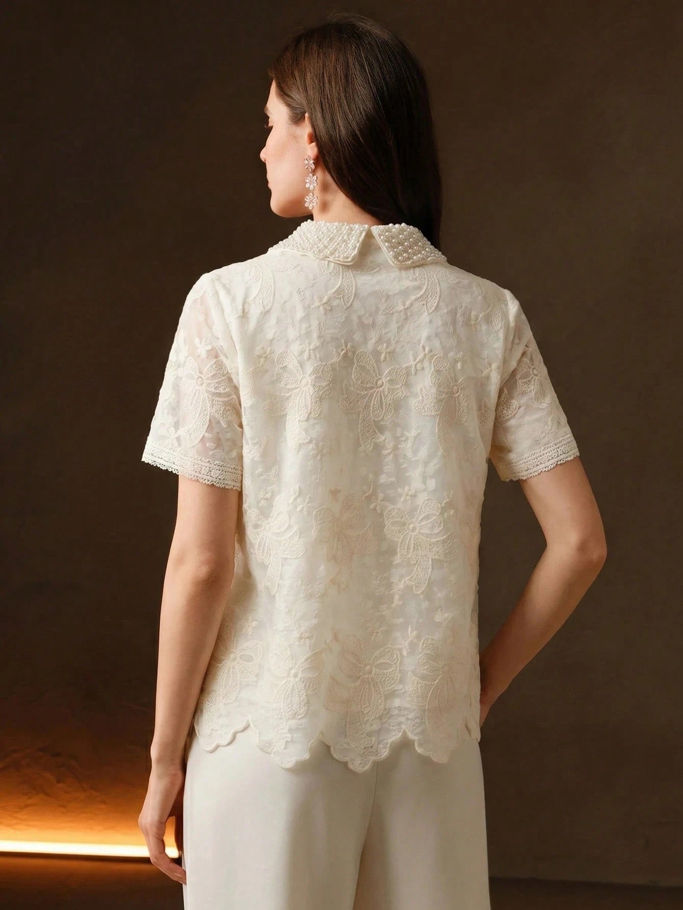CM-TS281479 Women Elegant Seoul Style Peter Pan Collar Short Sleeve Rhinestone Lace Blouse - Apricot