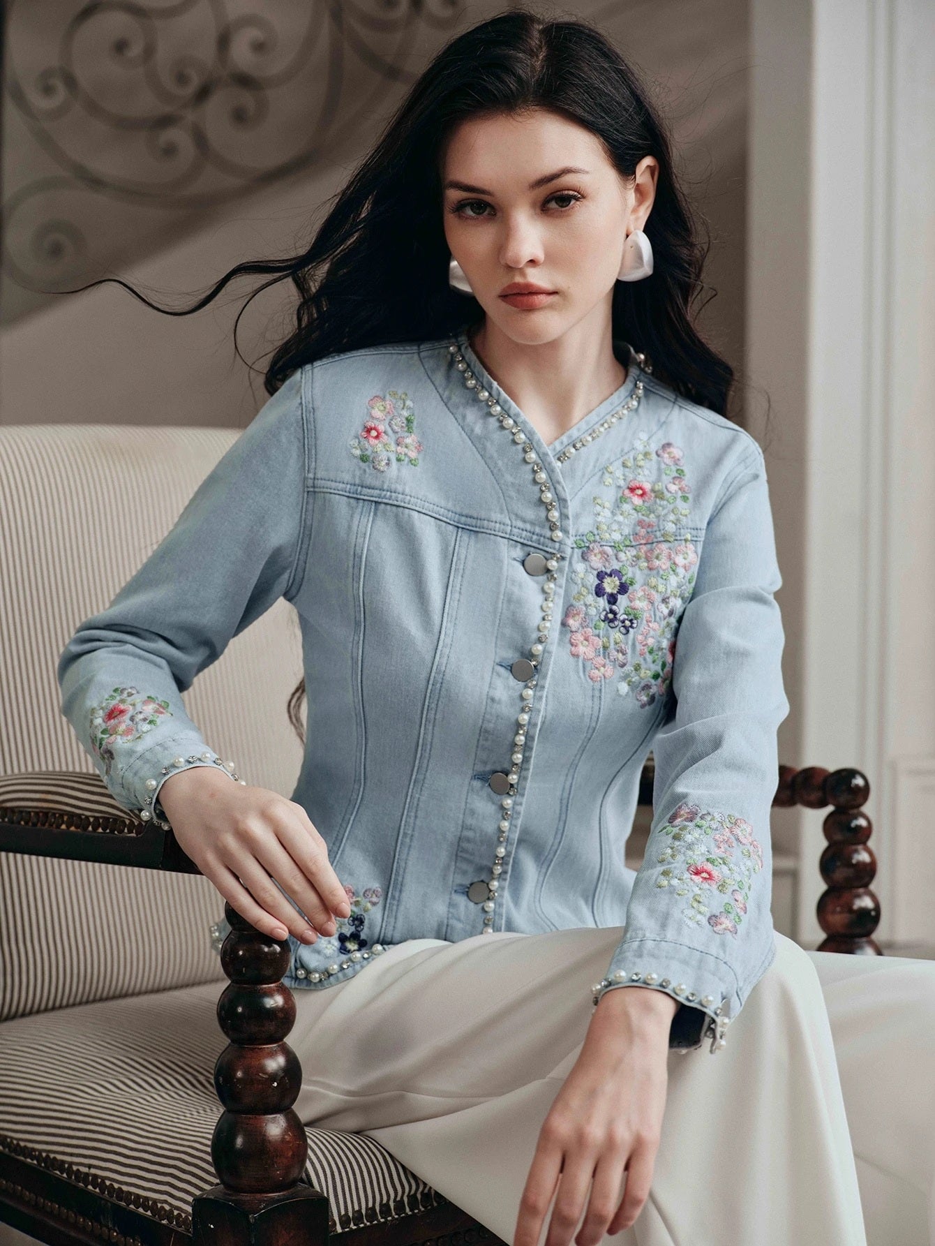 CM-CS891801 Women Elegant Seoul Style Stand Collar Long Sleeve Floral Embroidery Slim Fit Jacket - Blue
